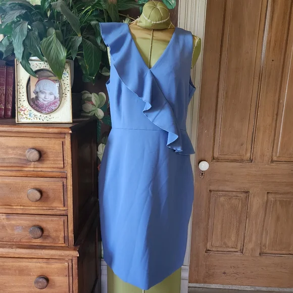 Ann Taylor Blue Ruffle Sheath Dress | Size 10 | Sleeveless V-Neck | Career Work - Picture 1 of 13
